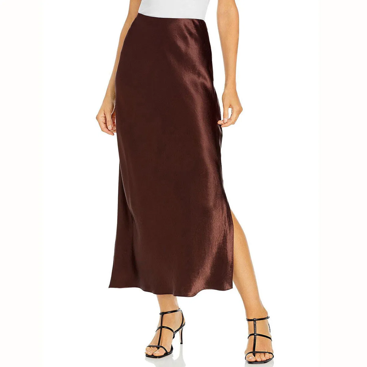 Spring Summer Acetate Satin Skirt High Waist Elastic High Quality Satin Slit Maxi Skirt Women Clothing