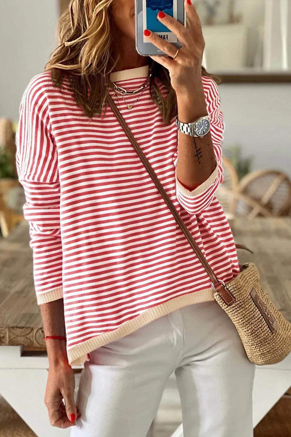 Striped Print Trim Drop Sleeve Knit Pullover Sweater