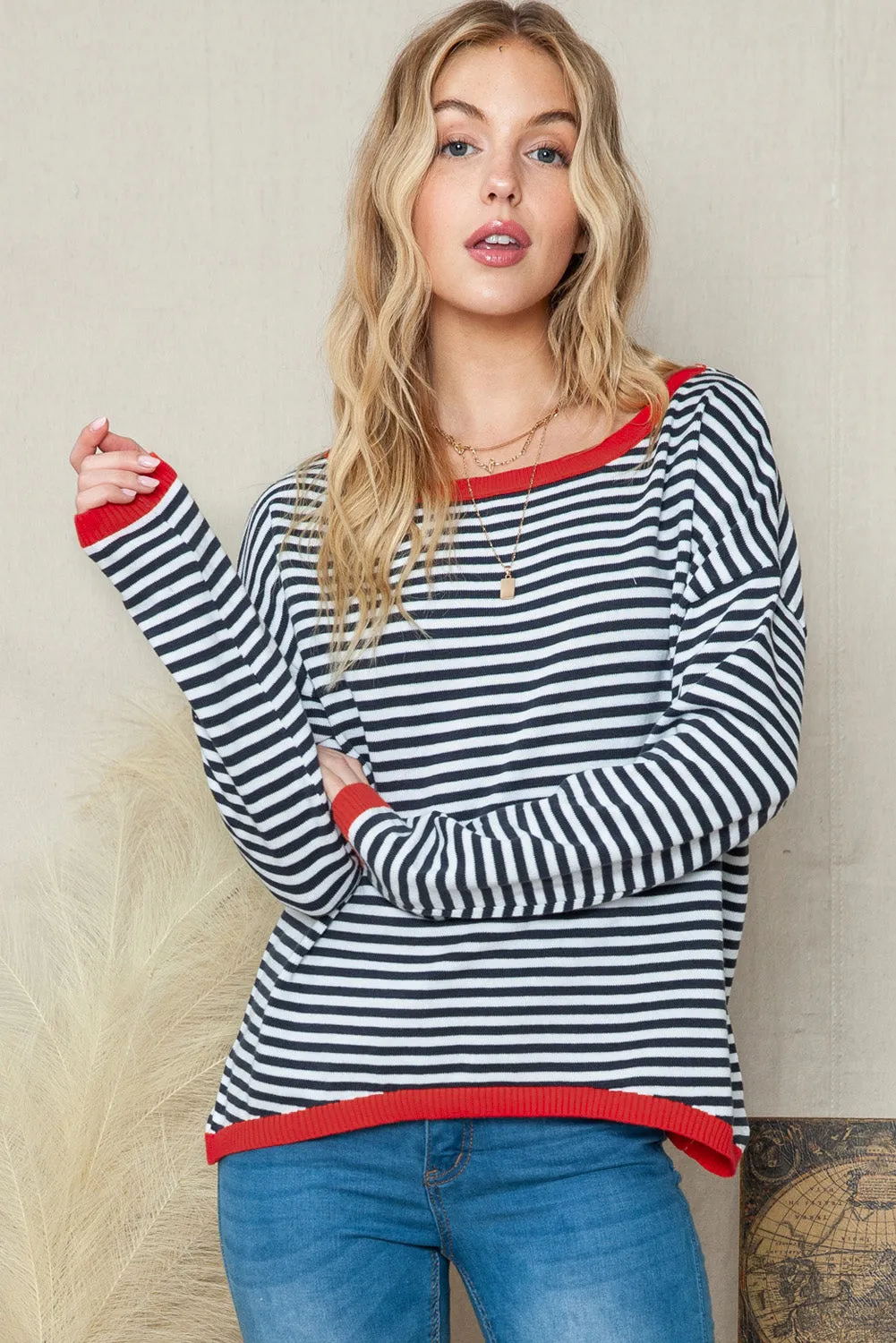 Striped Print Trim Drop Sleeve Knit Pullover Sweater