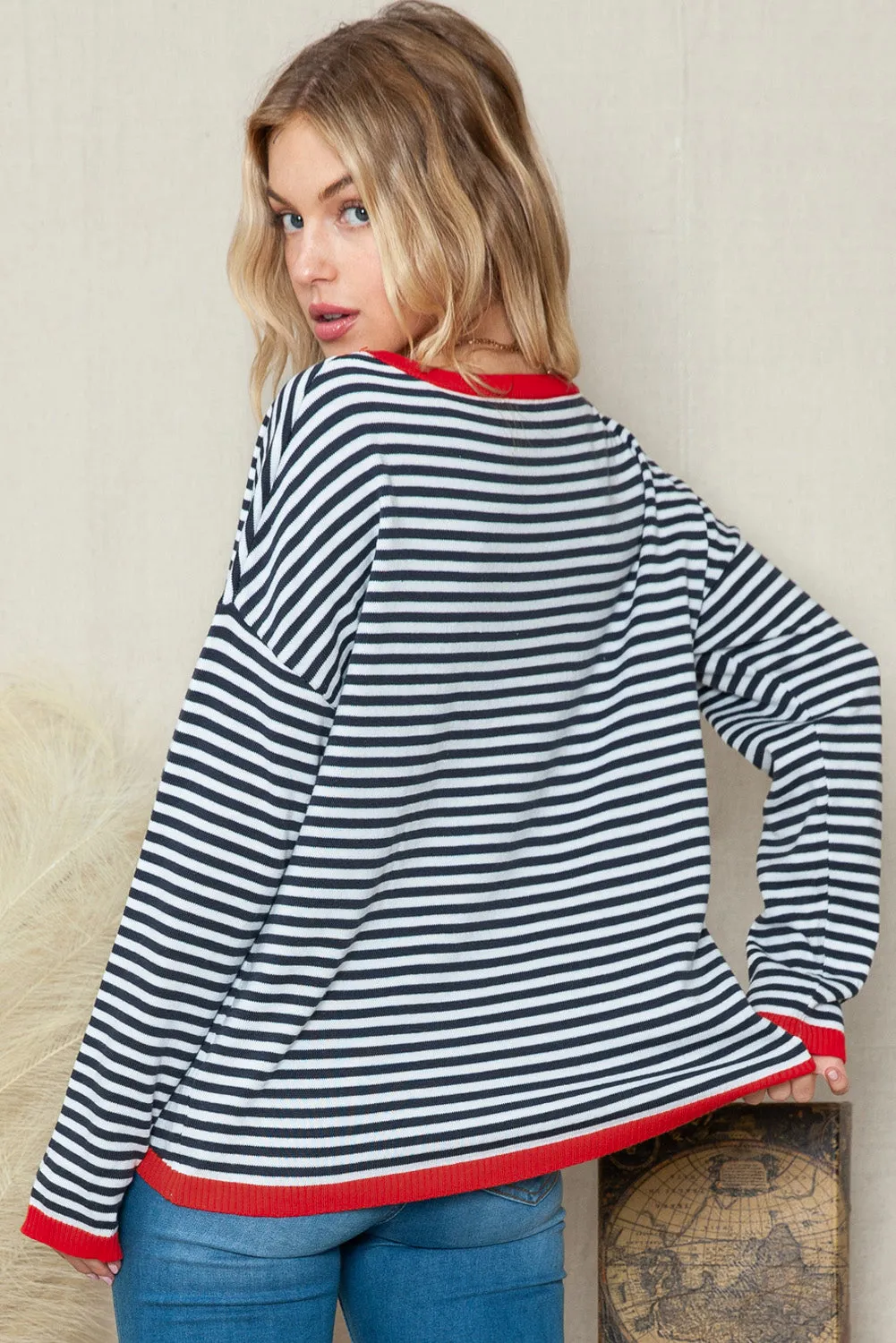 Striped Print Trim Drop Sleeve Knit Pullover Sweater