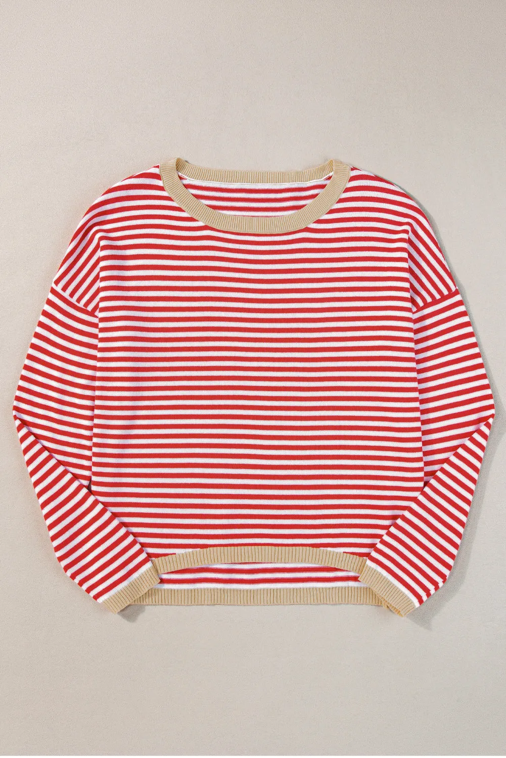 Striped Print Trim Drop Sleeve Knit Pullover Sweater