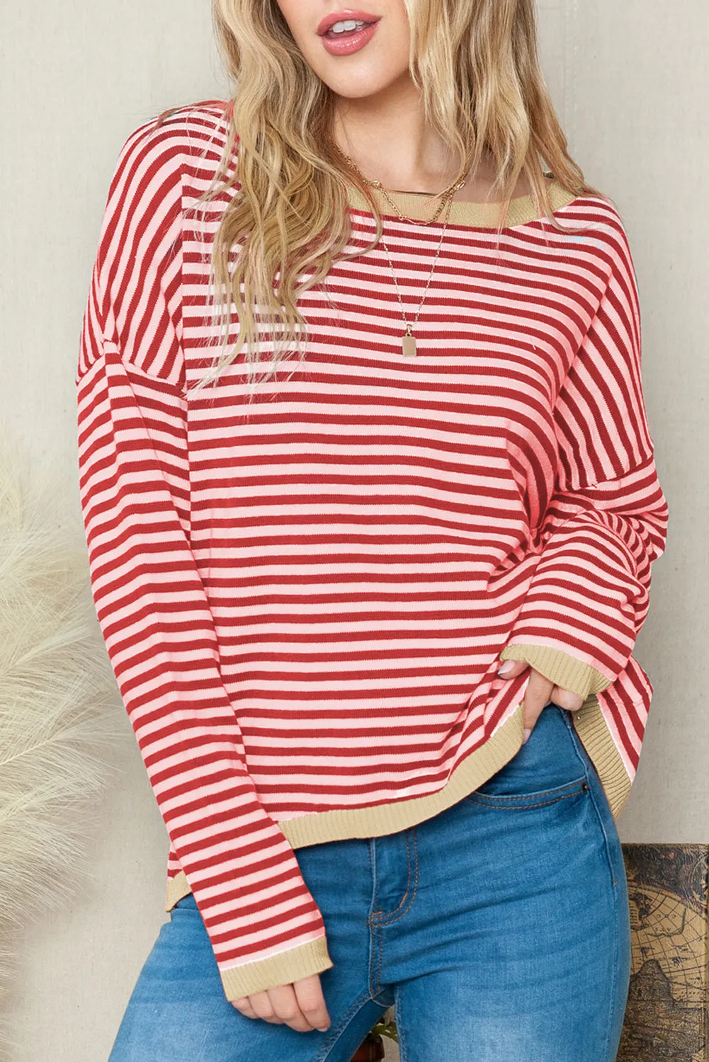 Striped Print Trim Drop Sleeve Knit Pullover Sweater