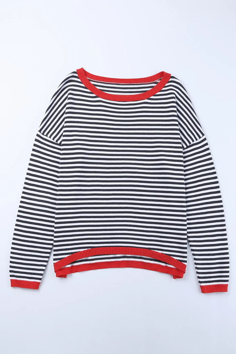 Striped Print Trim Drop Sleeve Knit Pullover Sweater