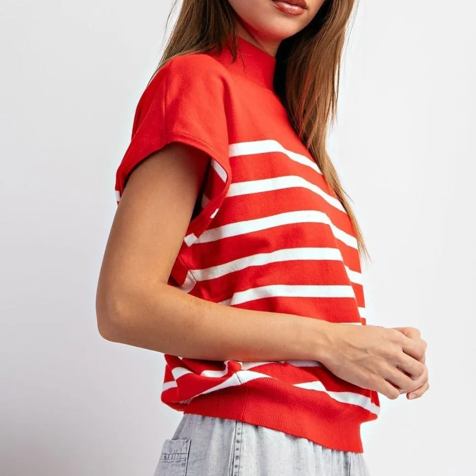 Striped Surprise Short Sleeve Mock Neck Sweater Top