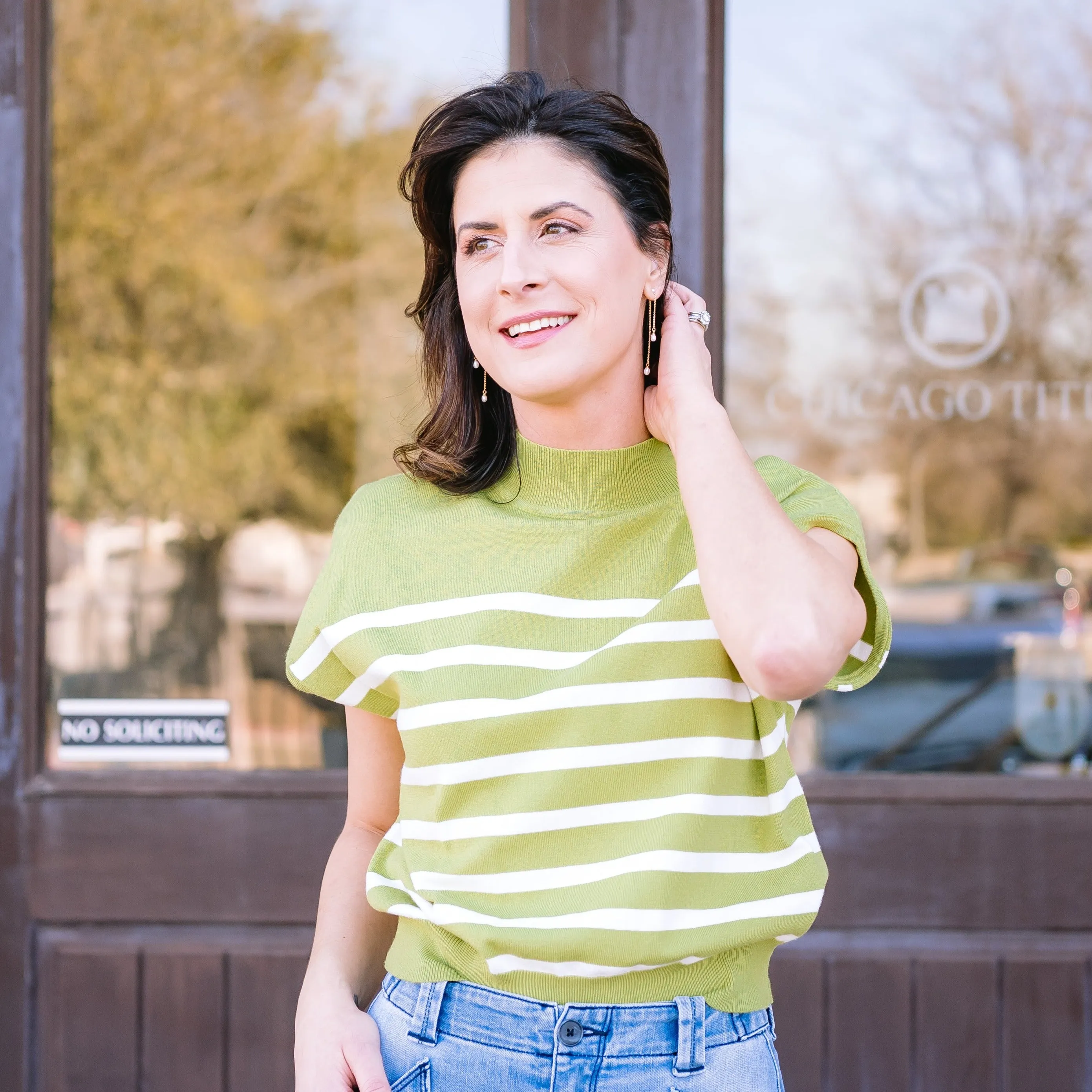 Striped Surprise Short Sleeve Mock Neck Sweater Top