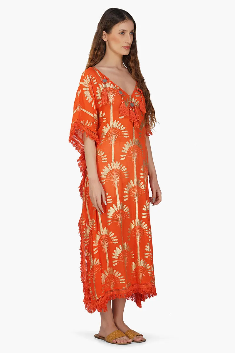 Sunset Palm Foil Tassel Kaftan