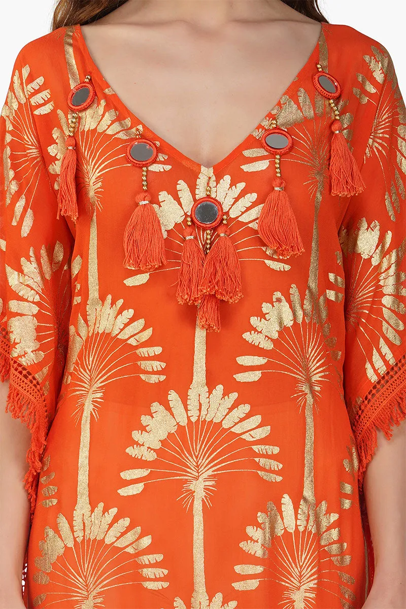 Sunset Palm Foil Tassel Kaftan