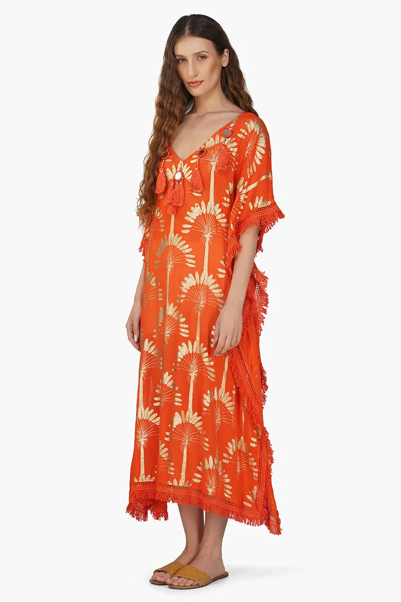 Sunset Palm Foil Tassel Kaftan