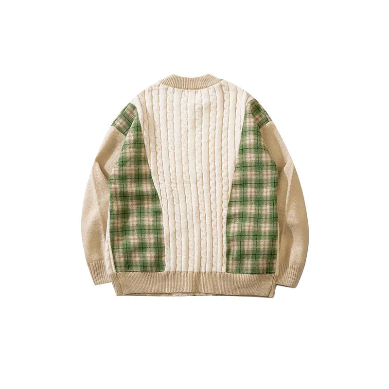 Twist Couple Plaid Stitching Cardigan Sweater