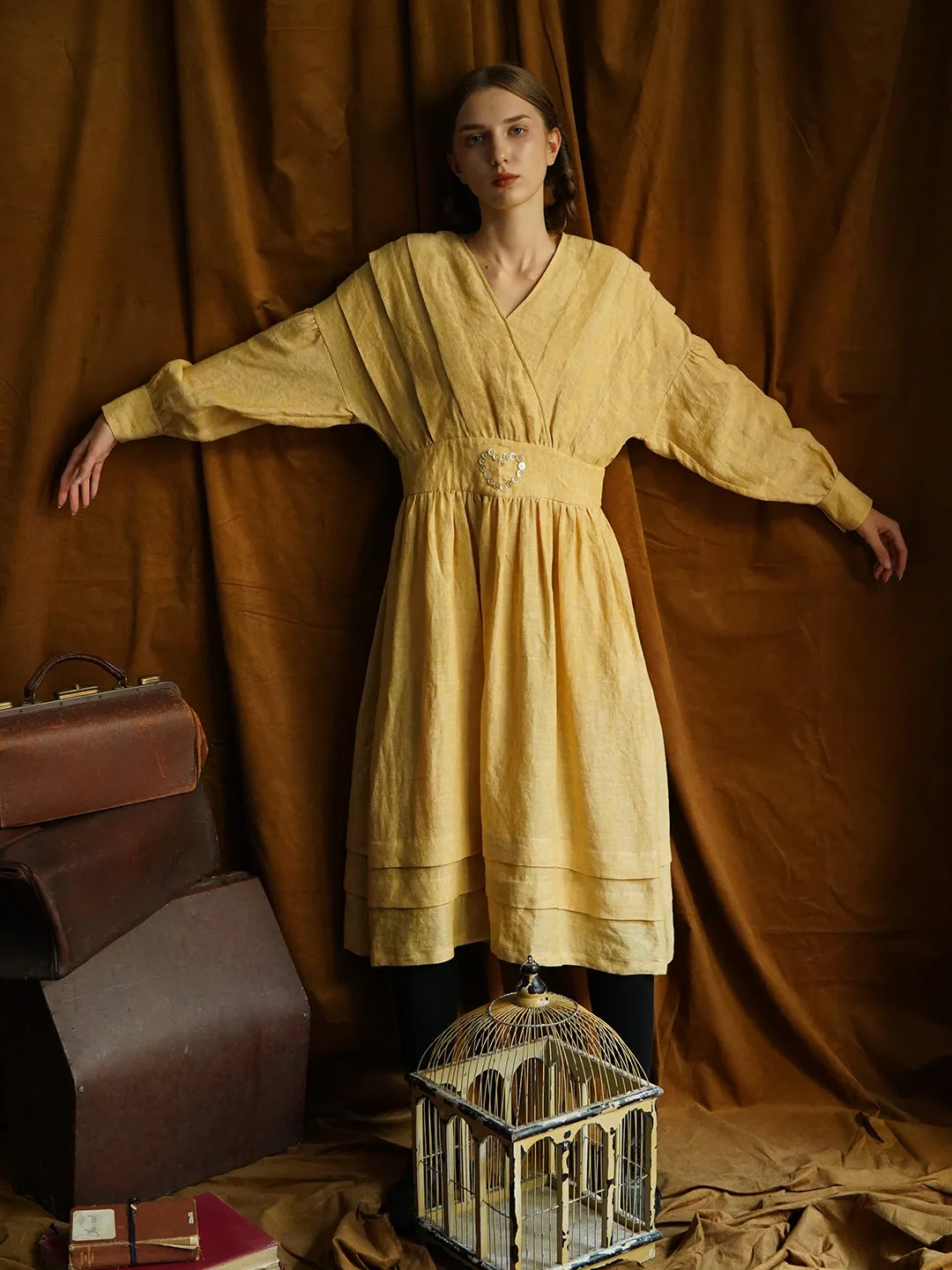 Unlogical Poem Victorian style V-neck Pleated High waist Yellow Dress