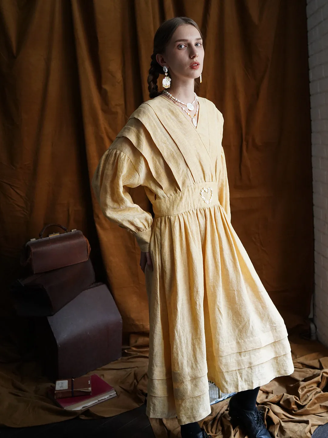 Unlogical Poem Victorian style V-neck Pleated High waist Yellow Dress