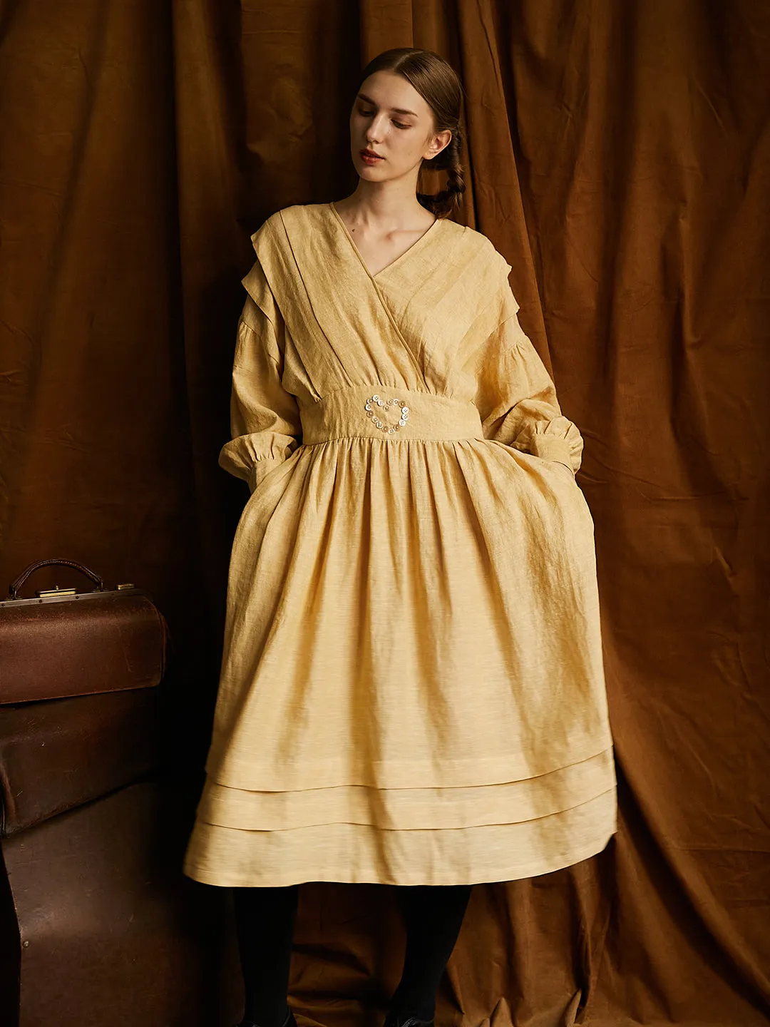 Unlogical Poem Victorian style V-neck Pleated High waist Yellow Dress