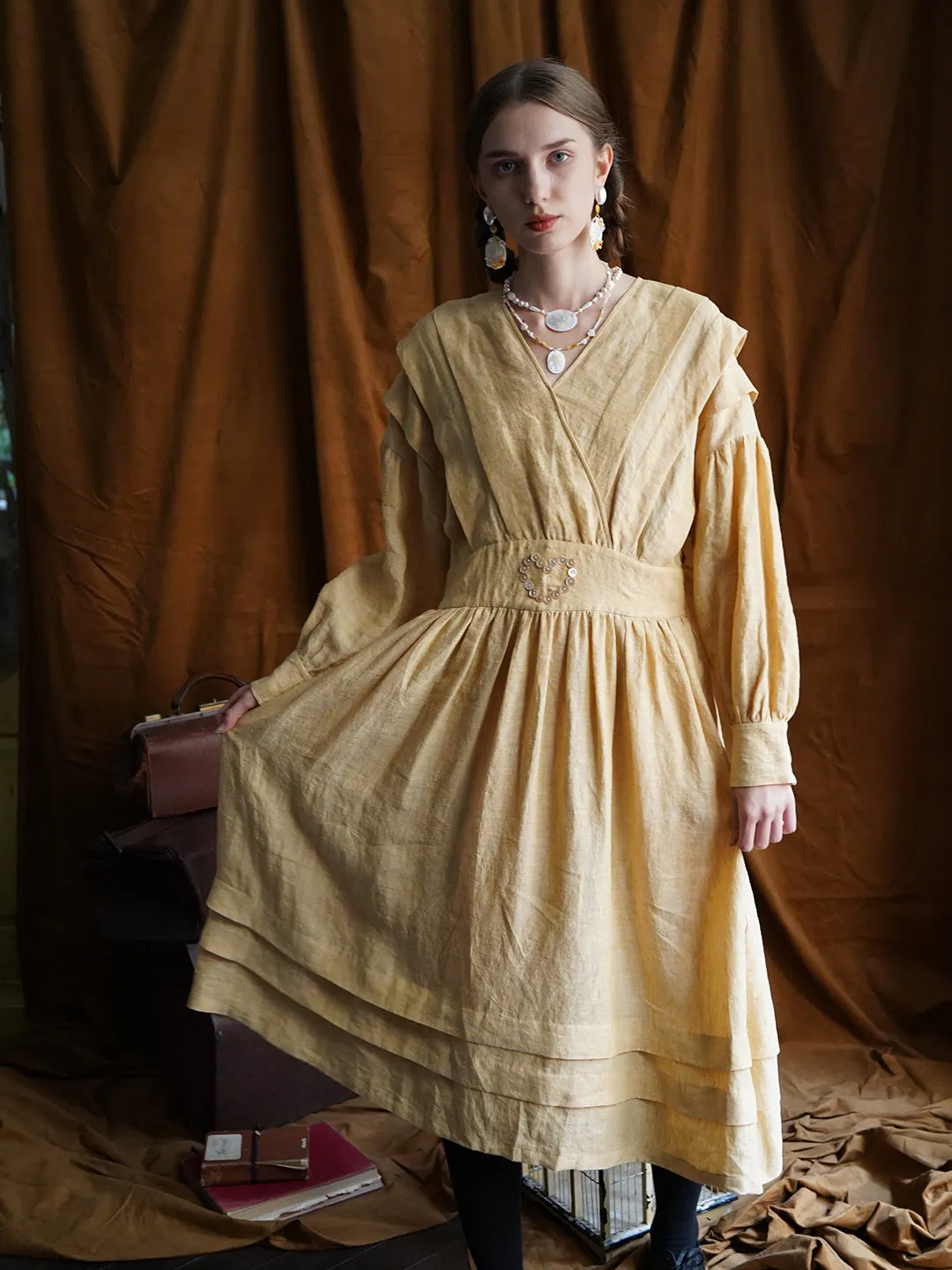 Unlogical Poem Victorian style V-neck Pleated High waist Yellow Dress