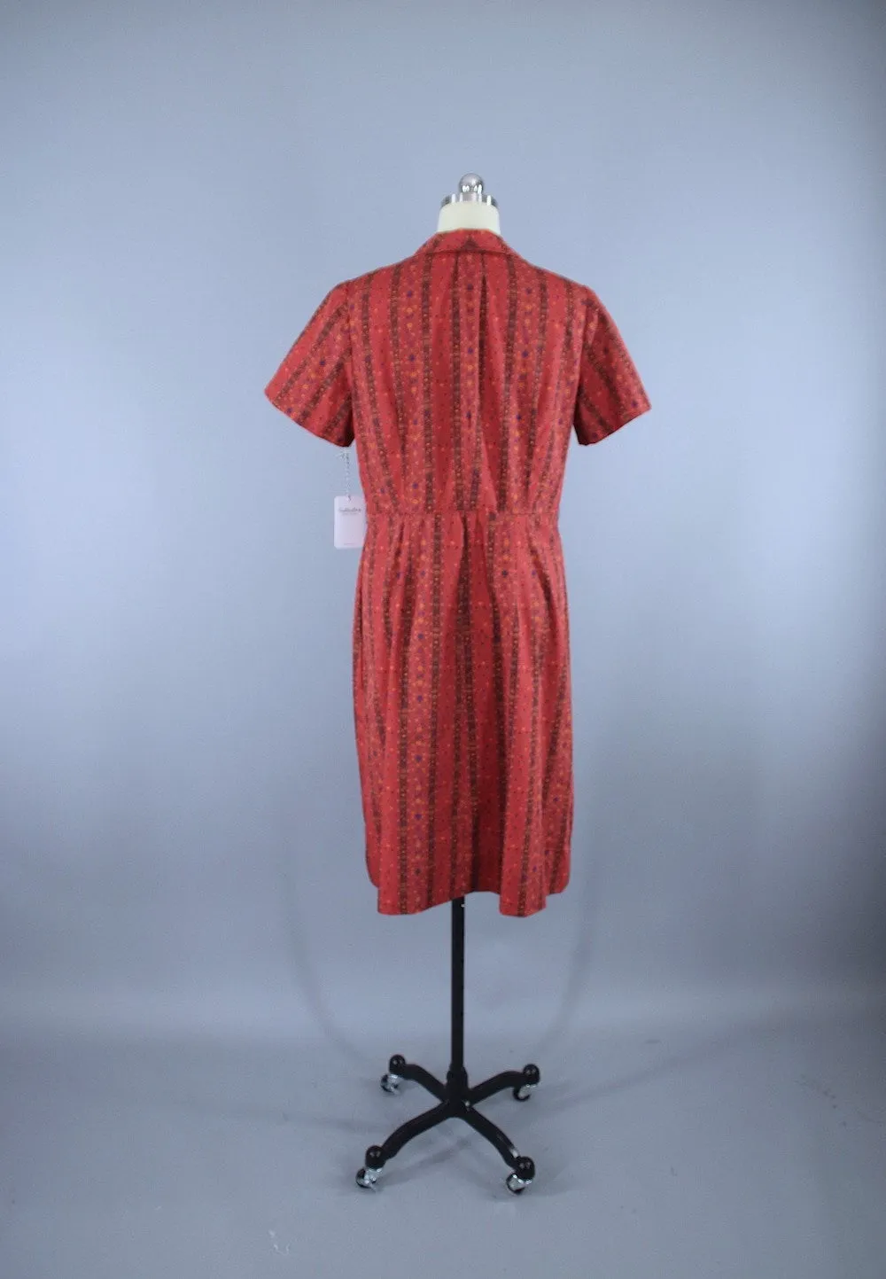 Vintage 1950s Dark Brick Red Floral Print Day Dress