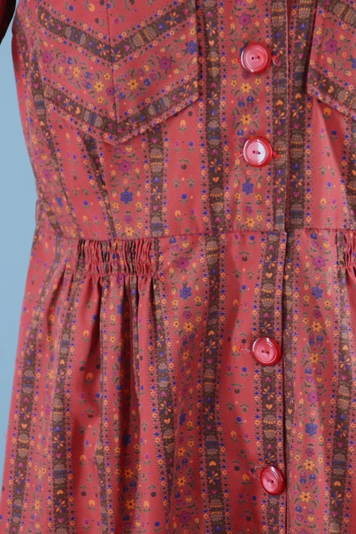 Vintage 1950s Dark Brick Red Floral Print Day Dress