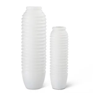 White Ribbed Carved Wood Vases