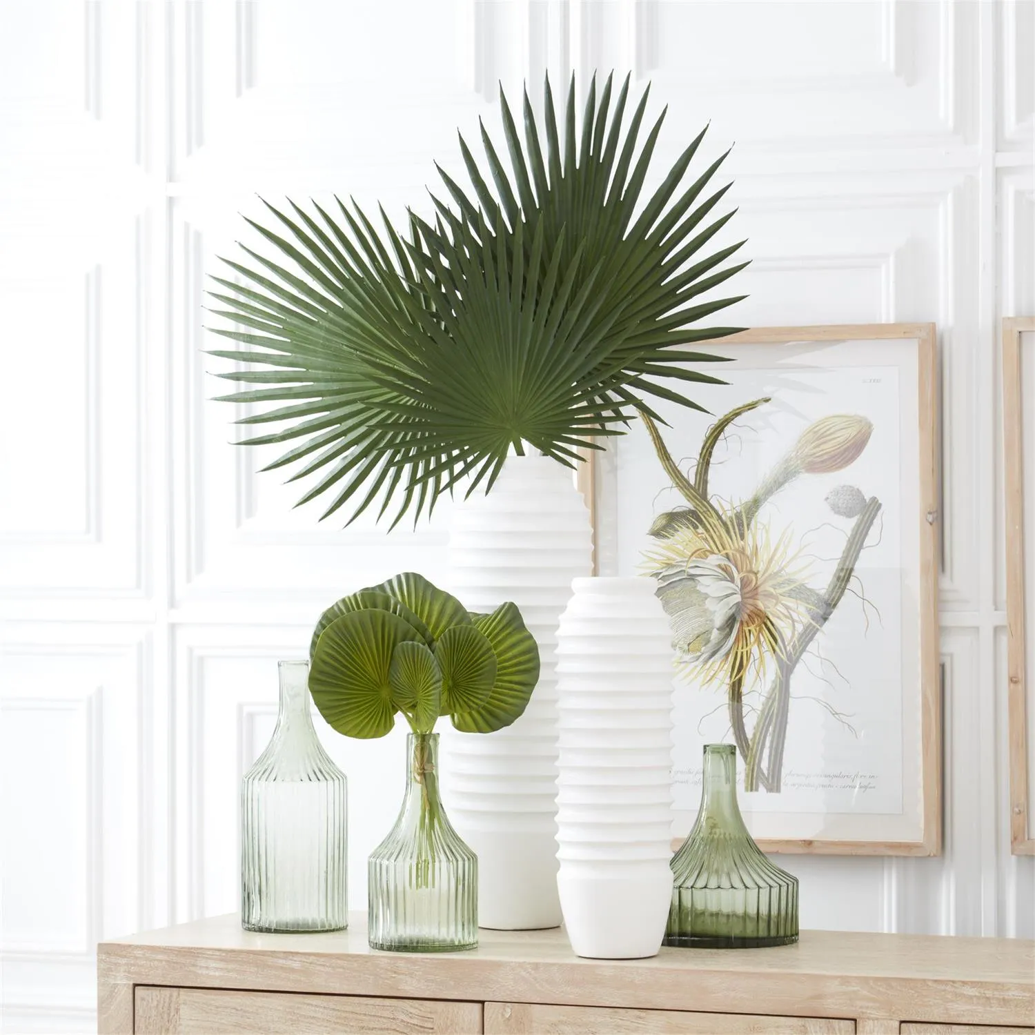 White Ribbed Carved Wood Vases