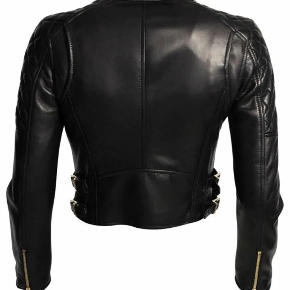 Womens Assymetrical Black Leather Biker Jacket