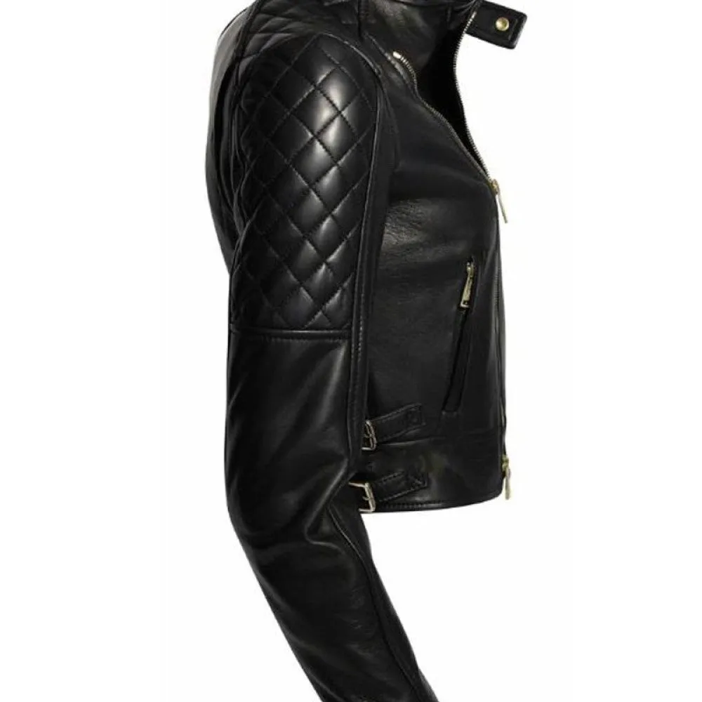 Womens Assymetrical Black Leather Biker Jacket