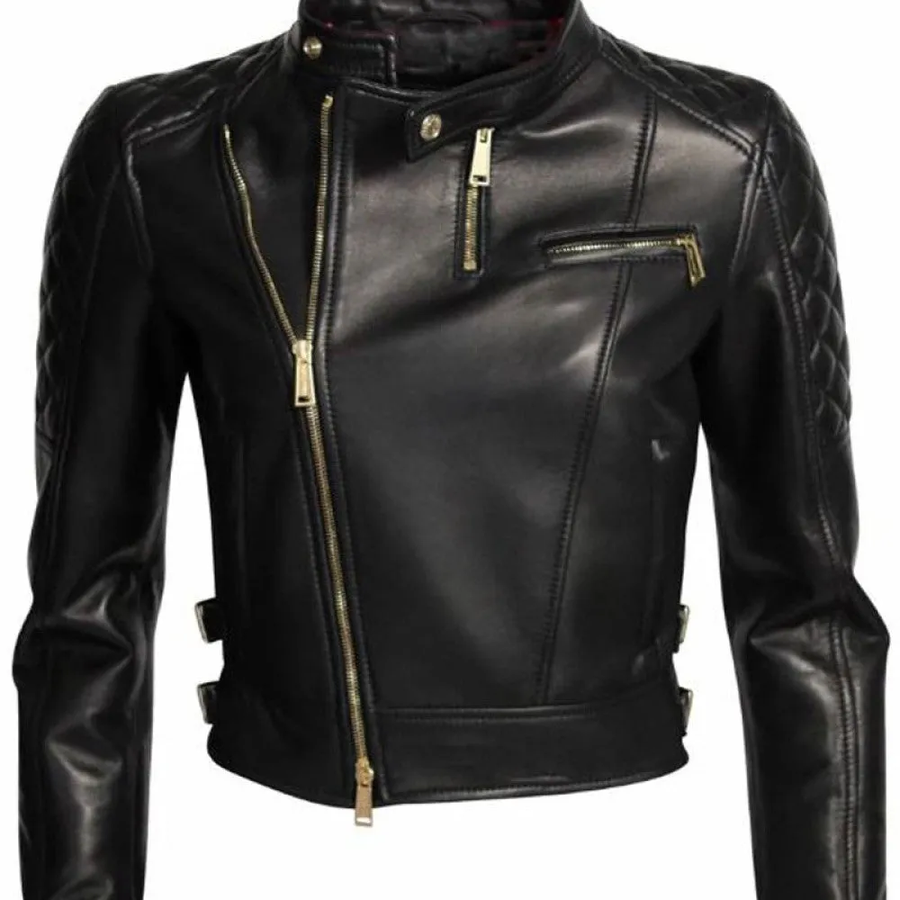 Womens Assymetrical Black Leather Biker Jacket