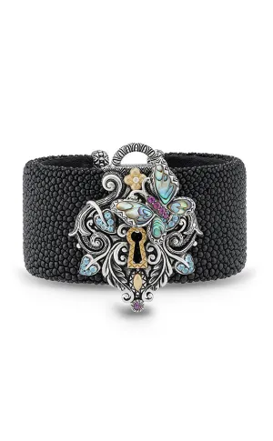 Zen Garden Lock Stingray Leather Cuff – Diamond, Pink Garnet & Blue Topaz